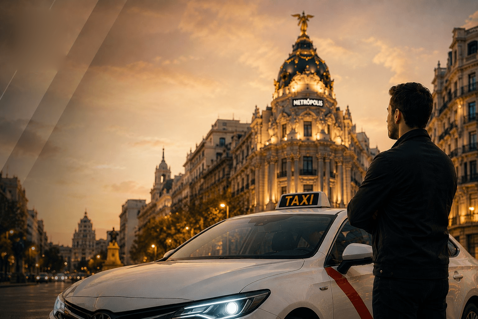 Taxista junto a su taxi frente al Edificio Metrópolis en Madrid